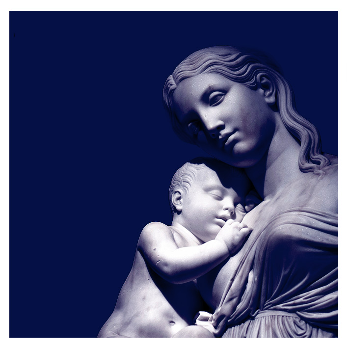 Kuva Mariasta ja Jeesus-lapsesta sinisellä taustalla